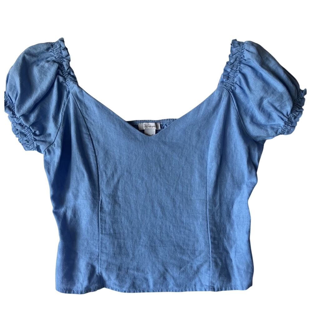 ReVamped Blue Chambray Puff Sleeve Crop Top XS Cottagecore Y2K Boho Baby